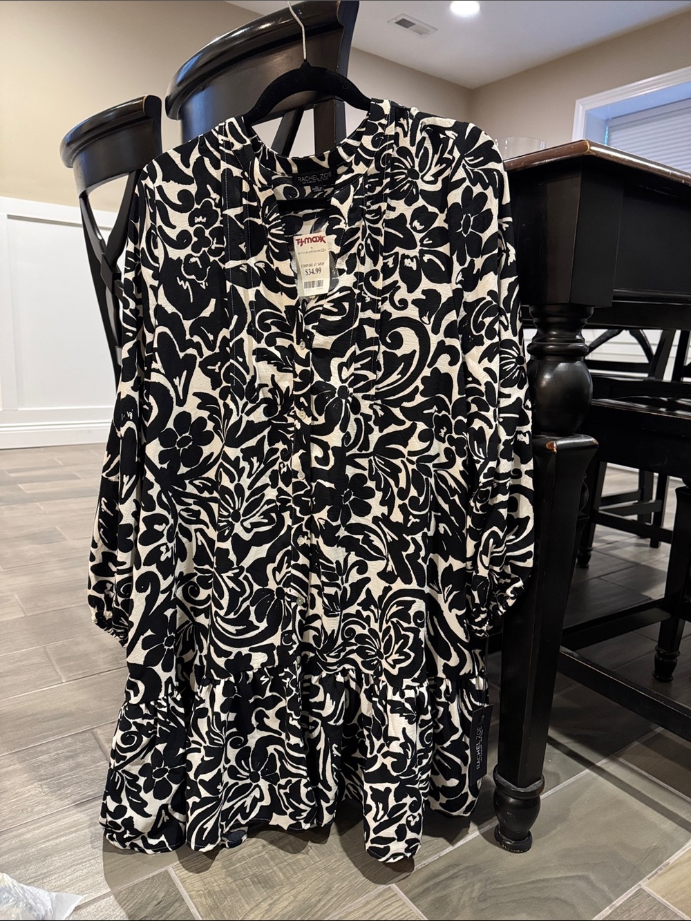 Rachel Zoe Black and White Floral-Print Long Sleeve Tiered Dress